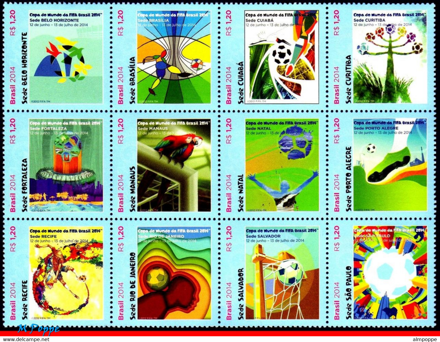 Ref. BR-3265 BRAZIL 2014 FOOTBALL SOCCER, WORLD CUP CHAMPIONSHIP,, 12 HOST CITIES, FIFA,SPORT,SET MNH 12V Sc# 3265 - Unused Stamps