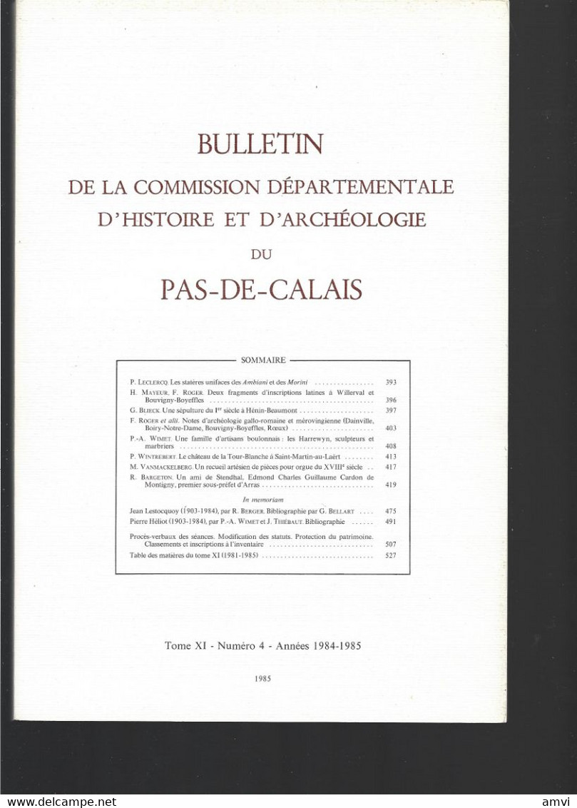 (sam So) Bulletin De La Commission Départementale D'histoire Et D'archéologie Du Pas De Calais Tome XI Numéro 4 1984 - Picardie - Nord-Pas-de-Calais