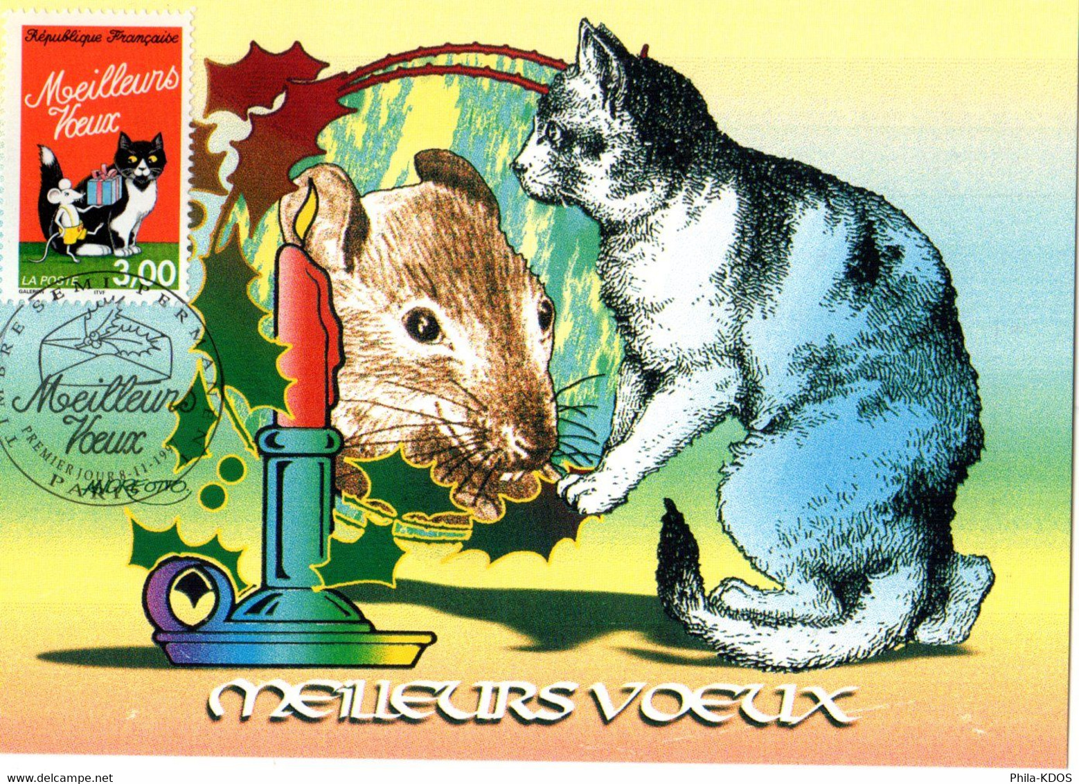 " MEILLEURS VOEUX / CHAT / SOURIS " Sur Carte Maximum De 1997. N° YT 3123  Parfait état. CM - Chats Domestiques