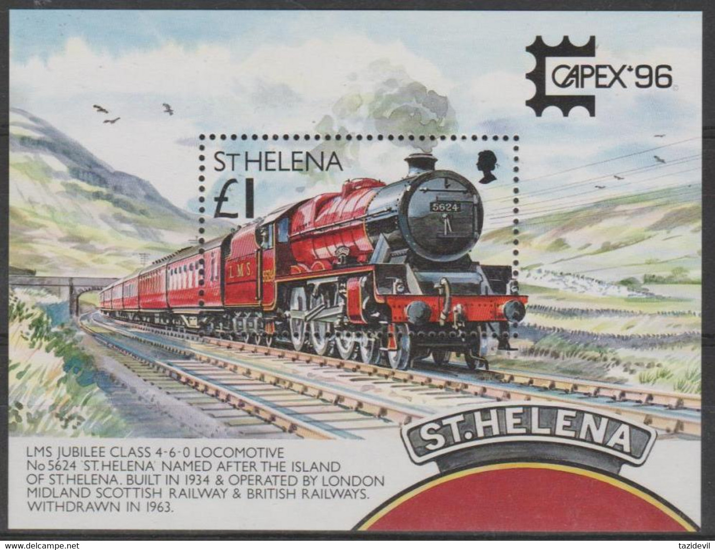 ST HELENA - 1996 Capex Trains Souvenir Sheet. Scott 681. MNH - Saint Helena Island