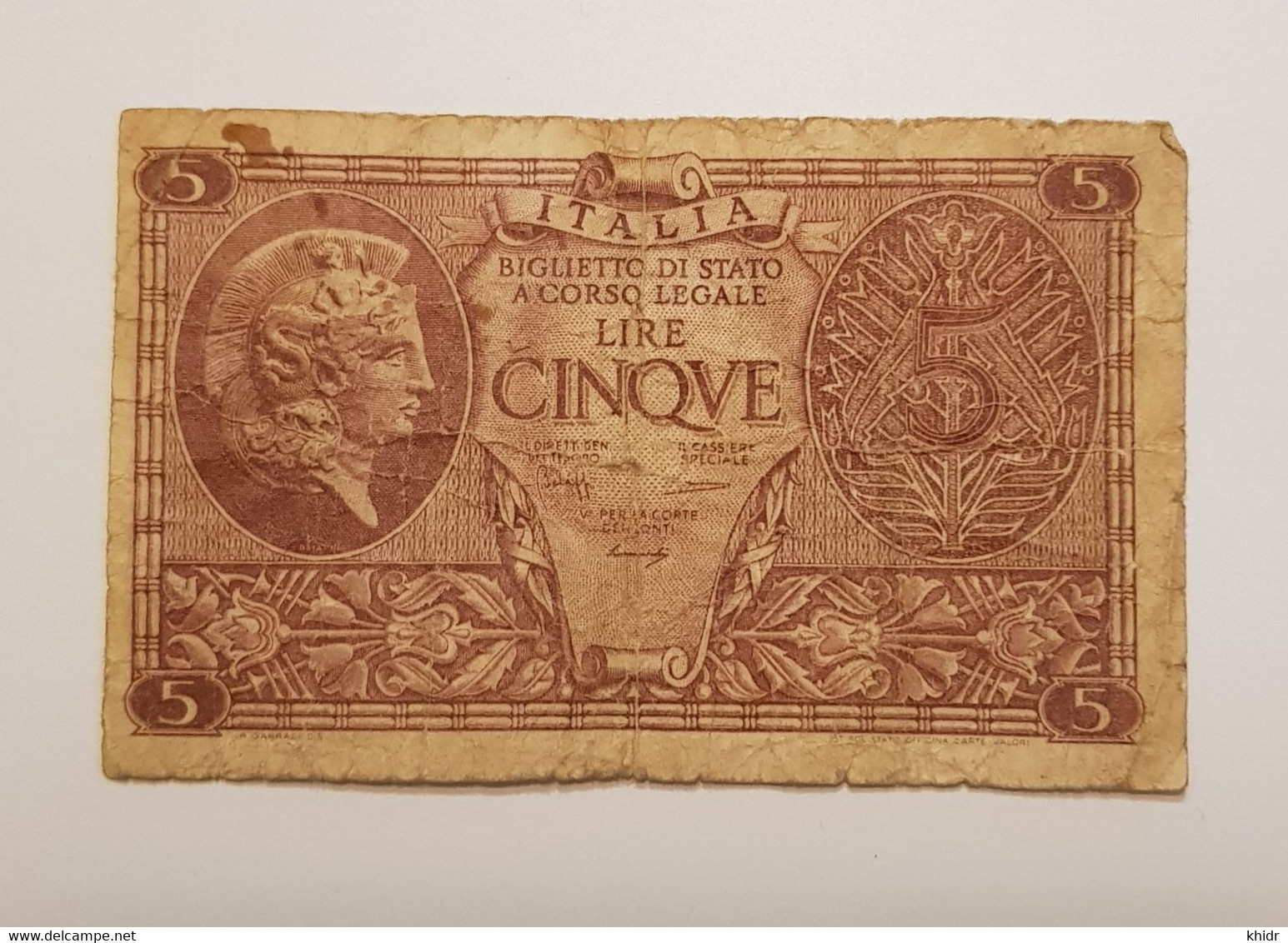 Billet De 5 Lire 23.11.1944 Sigs. Bolaffi, Cavallaro And Giovinco.* 0378 P# 31 - Italia – 5 Lire