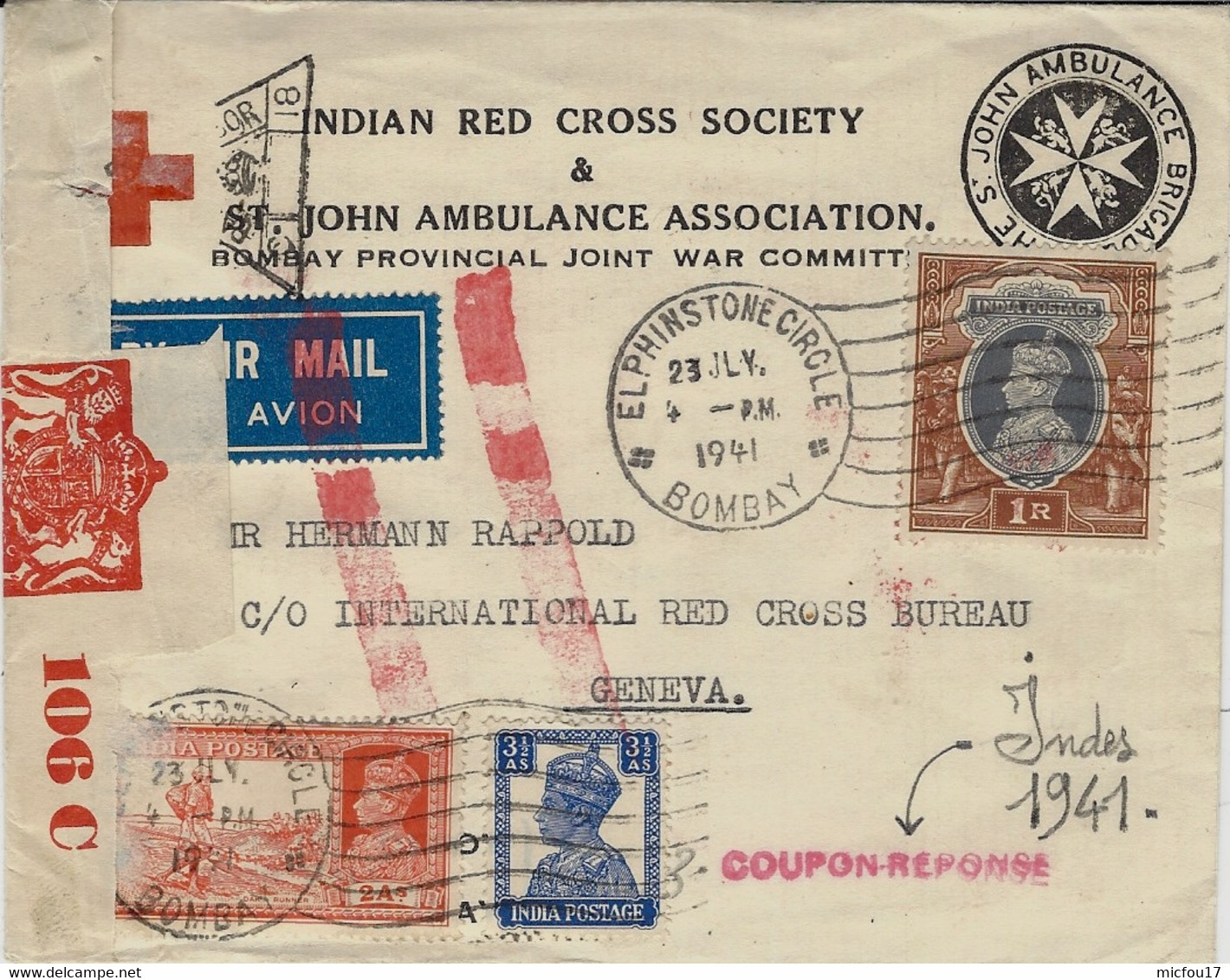 1941- Red Cross Cover From BOMBAY To Genève ( Switzerland ) - SUPERB - Dhar