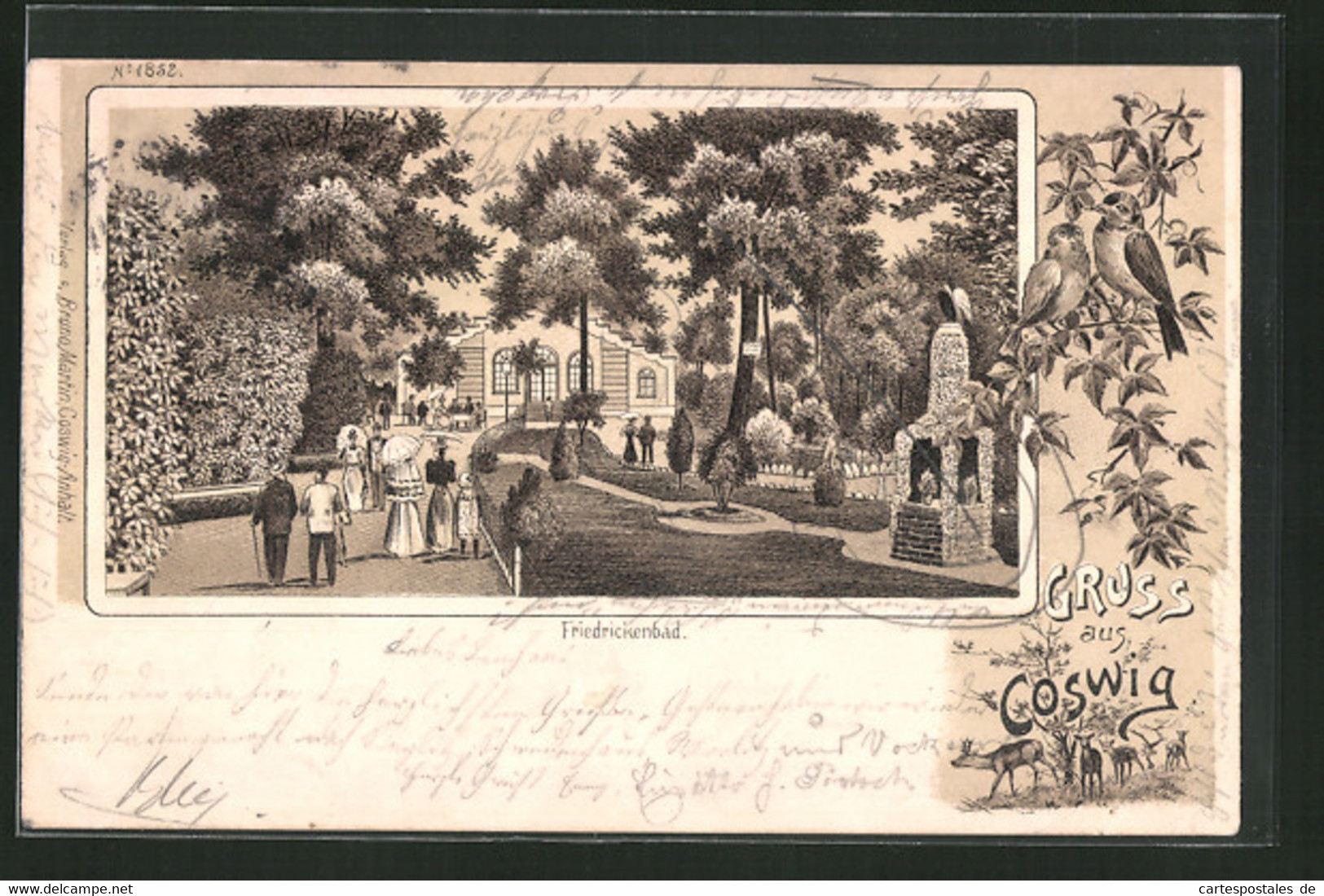 Lithographie Coswig, Passanten Am Friedrickenbad - Coswig