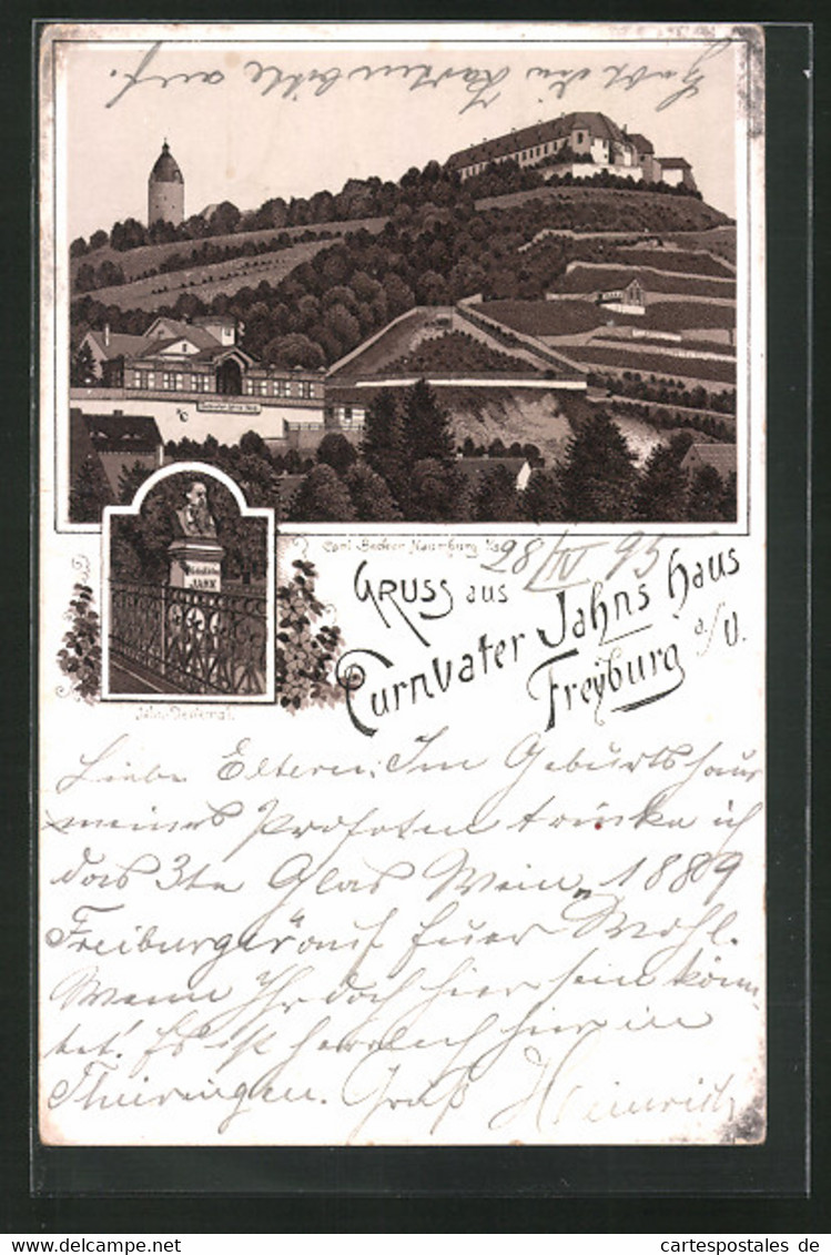 Vorläufer-Lithographie Freyburg A. U., 1895, Jan-Denkmal, Blick Zum Schloss - Freyburg A. D. Unstrut