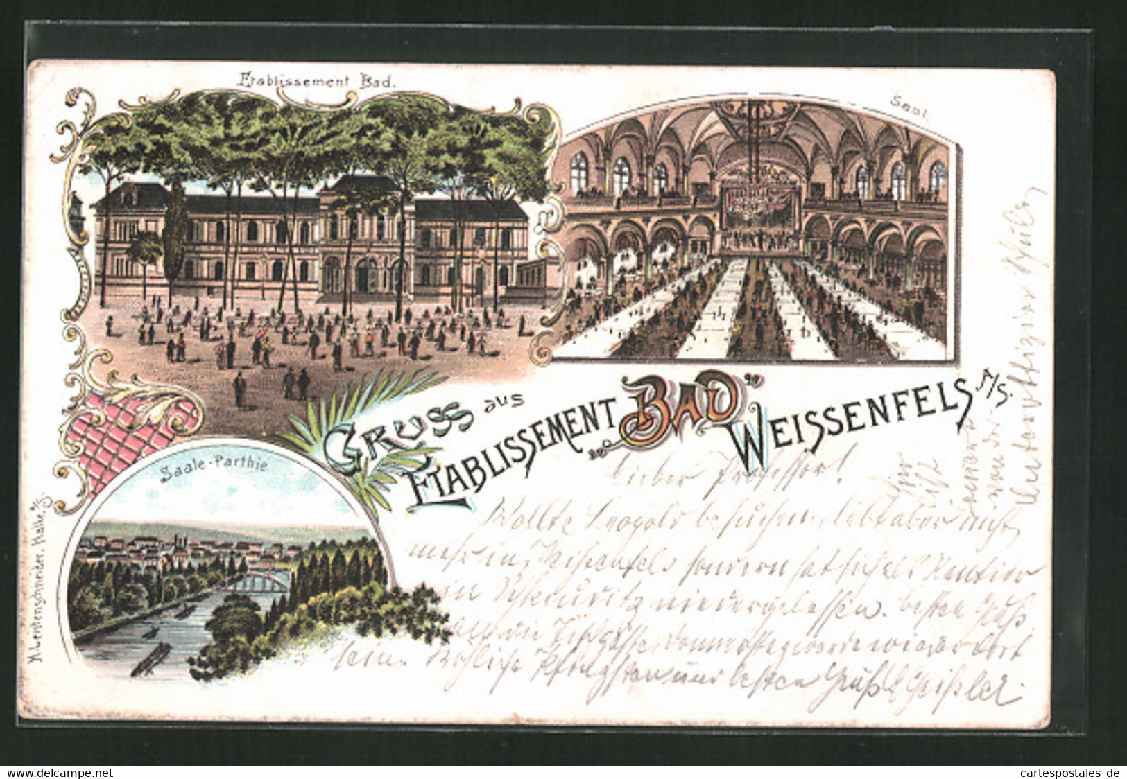 Lithographie Weissenfels A. S., Gasthaus Bad, Innen- Und Aussenansicht, Saalepartie - Weissenfels