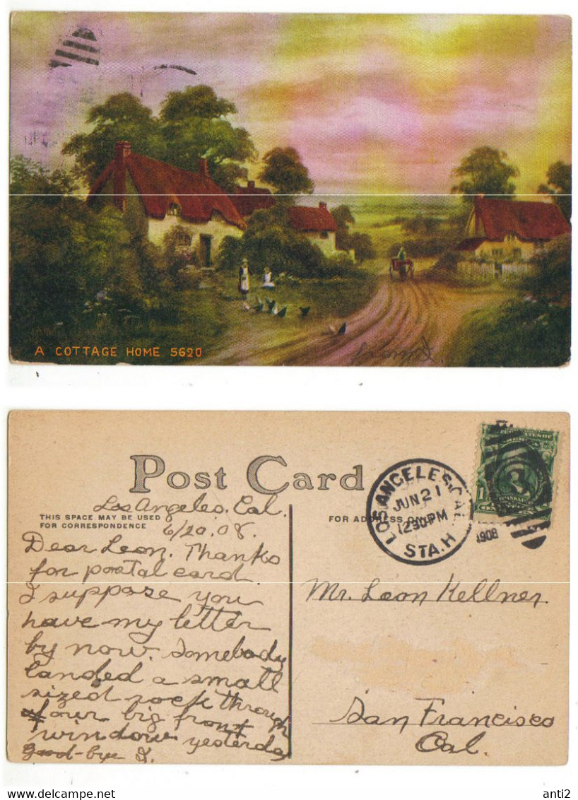 USA  1908 - Pictoral Card A Cottage Home, Painting, Cancelled Los Angeles Jun21 1908 - Spokane