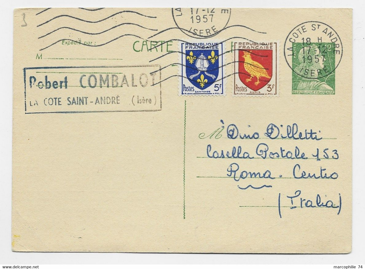 MULLER ENTIER 12FR CP + BLASON 3FR+5FR LA COTE ST ANDRE 17.12.1957 POUR ITALIE AU TARIF SPECIAL - 1955-1961 Marianne (Muller)