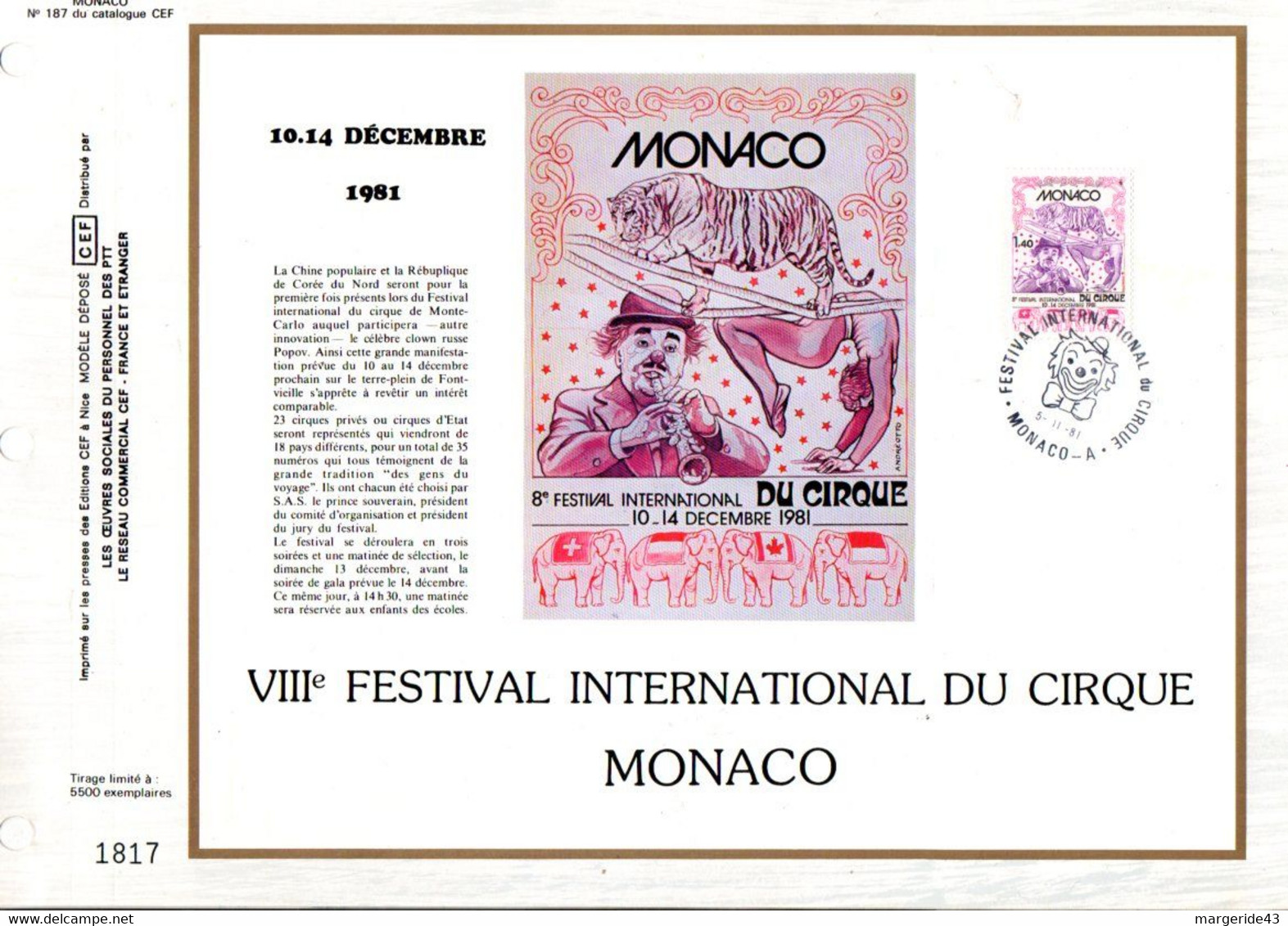 MONACO DOCUMENT FDC 1981 FESTIVAL DU CIRQUE - Briefe U. Dokumente