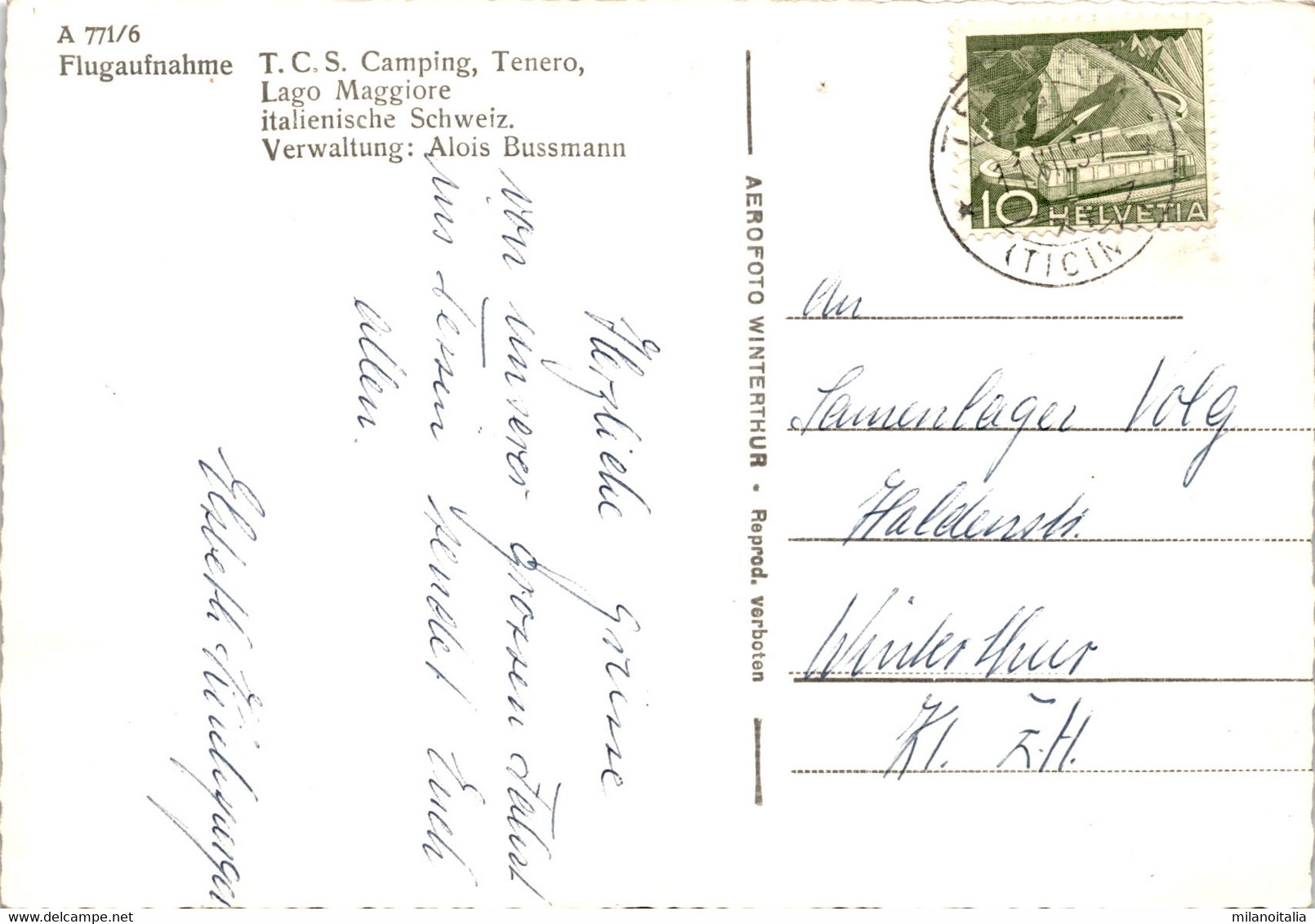 Flugaufnahme T.C.S. Camping, Tenero (771/6) * 11. 7. 1957 - Tenero-Contra