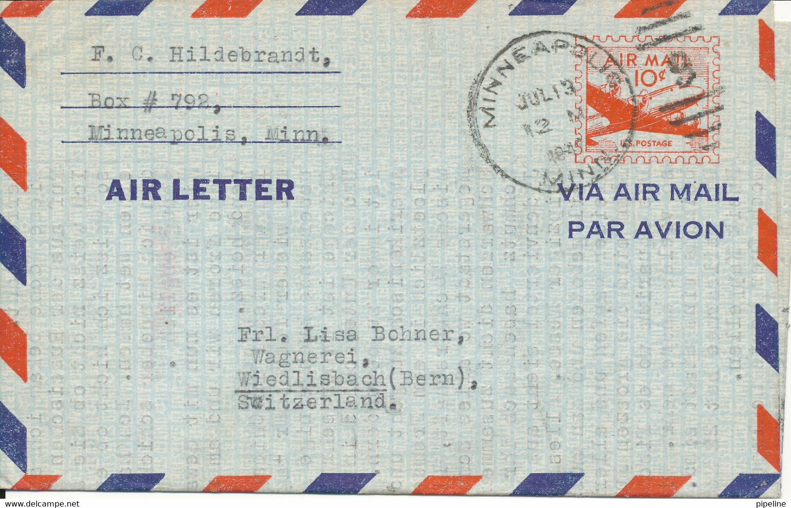 USA Air Letter Aerogramme Sent To Switzerland Minneapolis 13-7-1947 - 1941-60