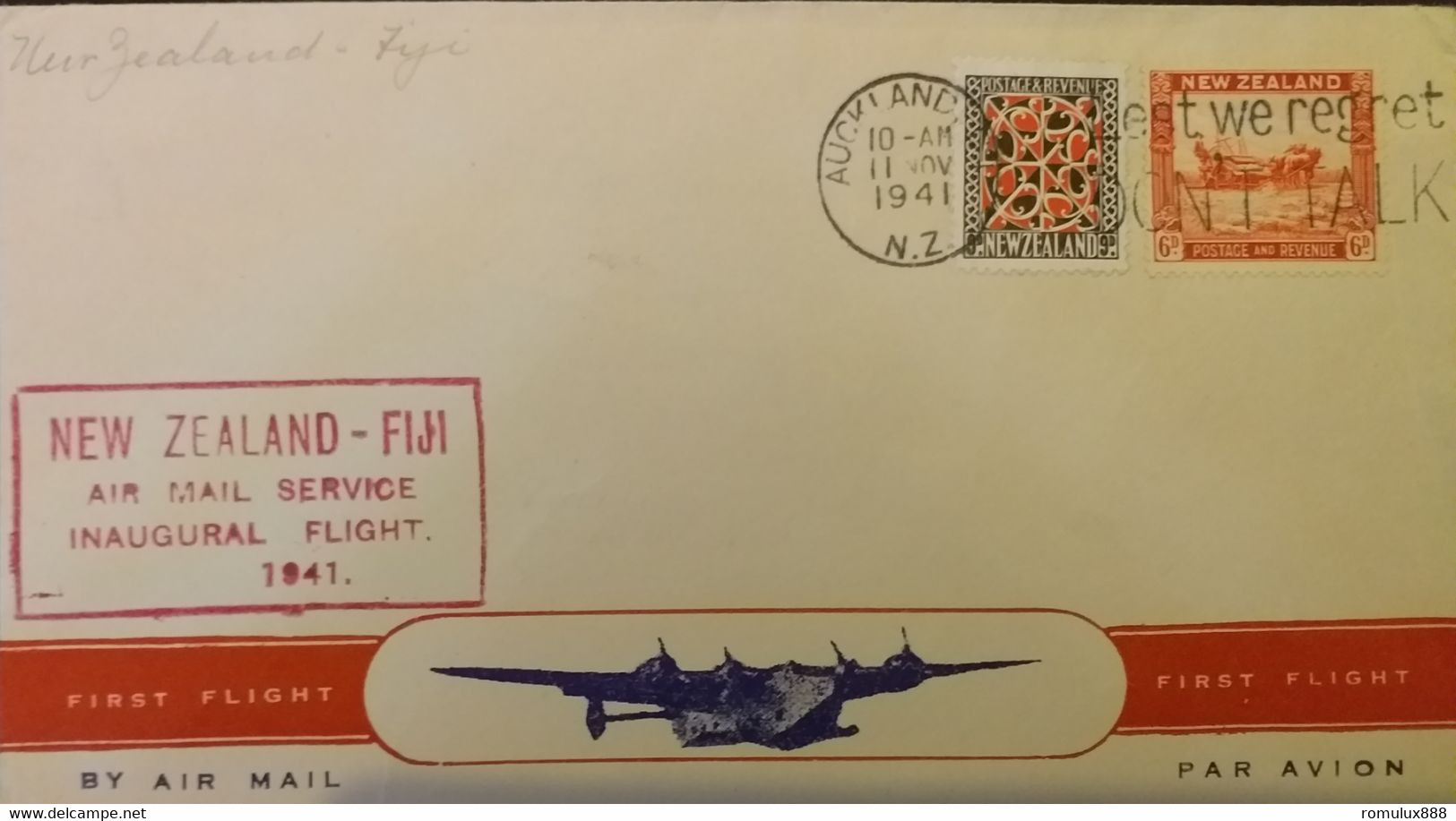 FIRST AIRMAIL SERVICE NEW ZEALAND-FUJI 1941 DATED 11/11/41..BACK STAMPED 13/11/41 FUJI.. - Airmail