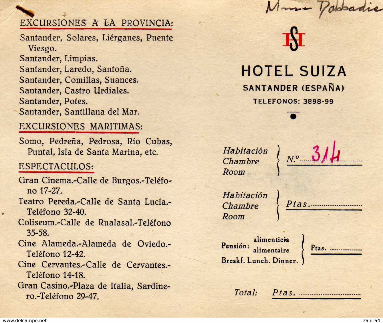 HS - Hotel Suiza Santander (Espana) - Fiche Séjour Trilingue - Excursiones Provincia, Maritimas, Espectaculos - Bar ... - Spain