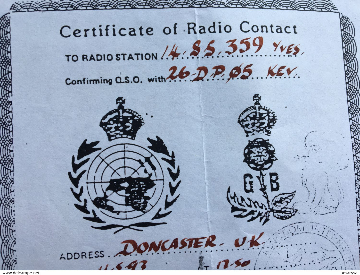 RADIO AMATEUR CONTACT/STATION-☛DONCASTER-U.K--Operateur TSF Confirmation-Certificat Q.S.L Fréquence-signal-Antenne - Otros & Sin Clasificación