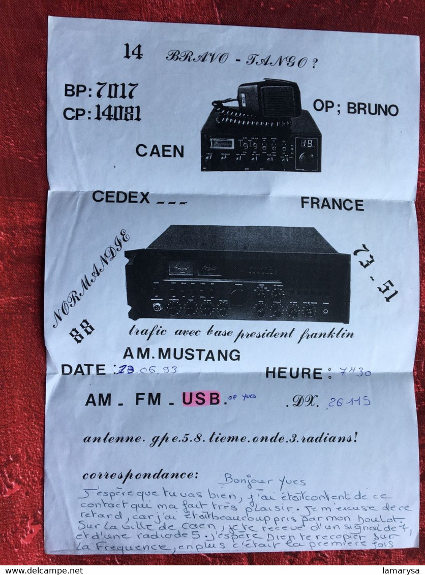 RADIO AMATEUR CONTACT/STATION-☛CAEN-Bravo/Tango/Bruno Opérateur TSF Confirmation-Certificat QSL Fréquence-signal-Antenne - Other & Unclassified