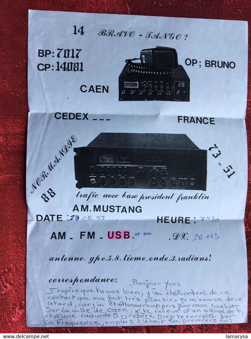 RADIO AMATEUR CONTACT/STATION-☛CAEN-Bravo/Tango/Bruno Opérateur TSF Confirmation-Certificat QSL Fréquence-signal-Antenne - Autres & Non Classés