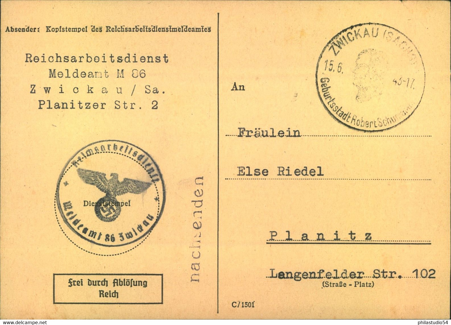 1943, Karte Vom "Reichsarbeitsdienst Meldeamt Zwickau" "Frei Durch Ablösung" - Other & Unclassified