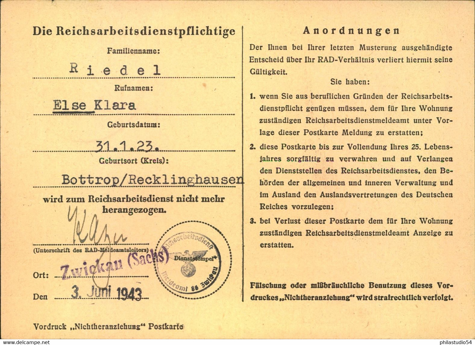 1943, Karte Vom "Reichsarbeitsdienst Meldeamt Zwickau" "Frei Durch Ablösung" - Other & Unclassified