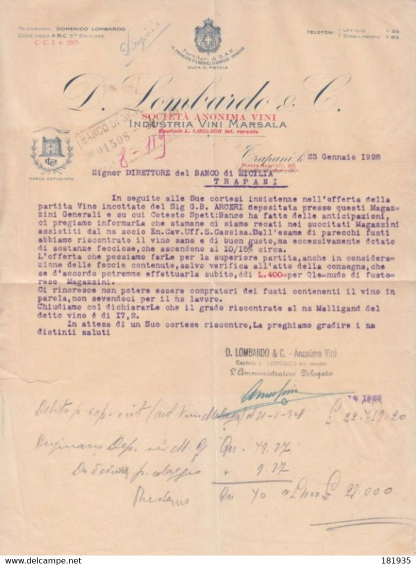 Cover Lettera  "Ditta Lombardo Industria Vini Marsala"-Viaggiata Italy Italia - Documents Historiques