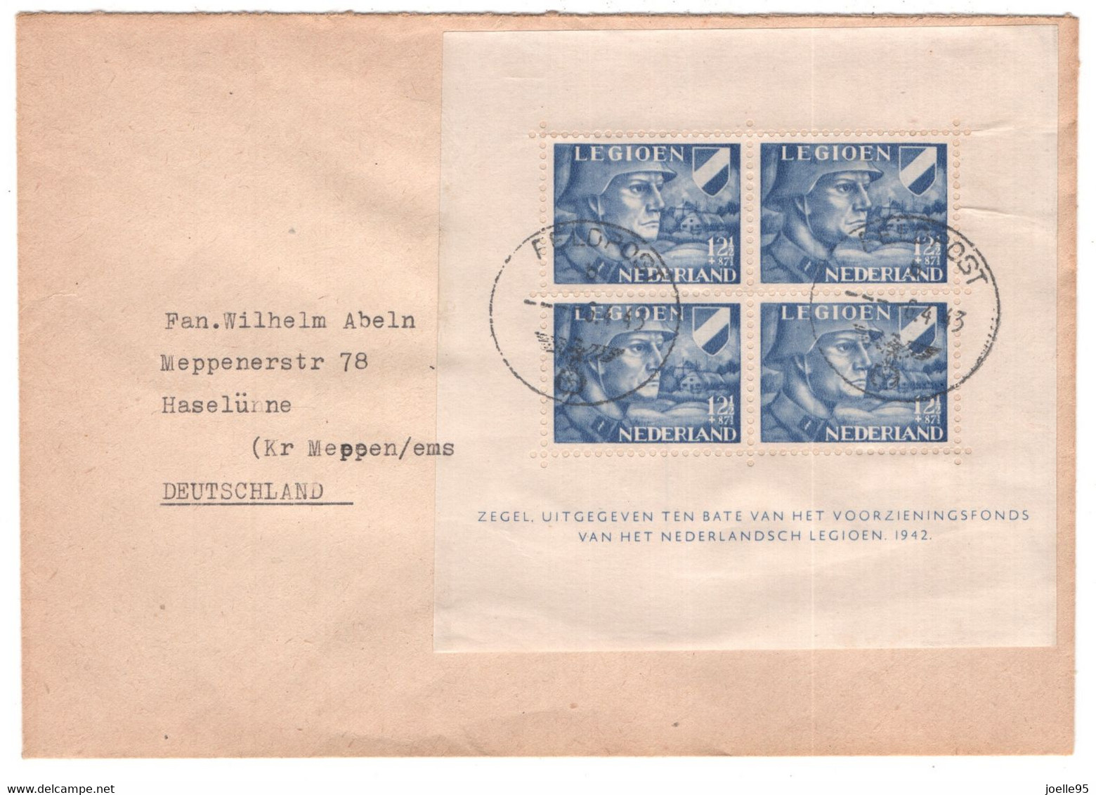 Nederland 1942 - Legioenblok Op Envelop Naar Duitsland - Feldpost Stempel 6.4.43 - NVPH V403 - Autres & Non Classés