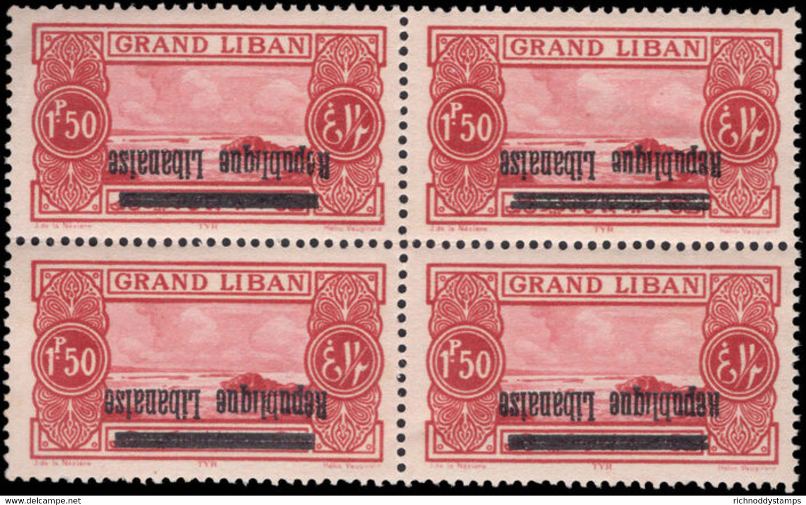 Lebanon 1927 1f50 Bright Rose Block Of 4 Inverted Overprint Unmounted Mint. - Nuevos