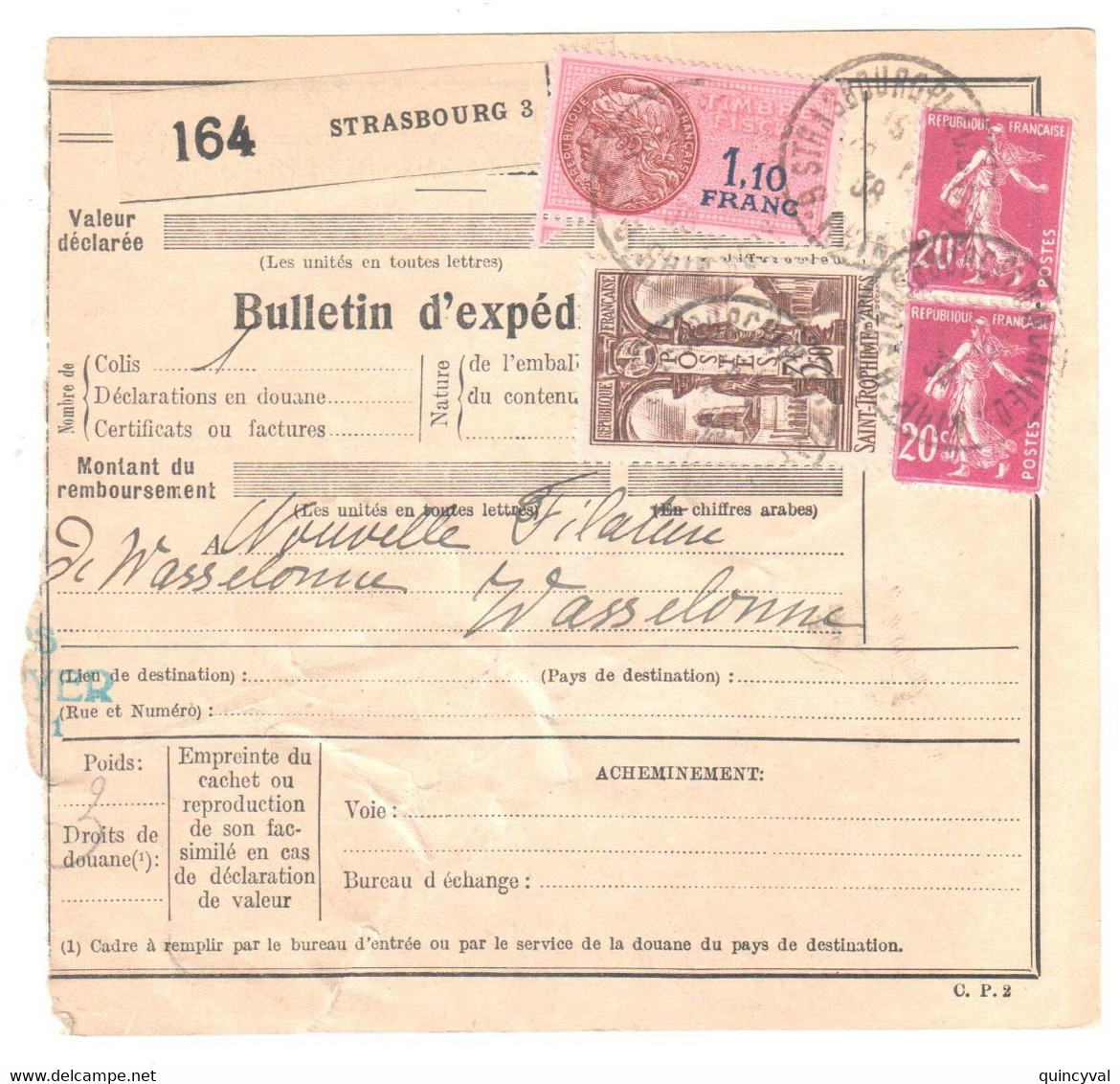 STRASBOURG Bas Rhin Bulletin D'expédition Alsace Lorraine 1938 3,50 F St Trophime 20c Semeuse Yv 302 139 - Cartas & Documentos