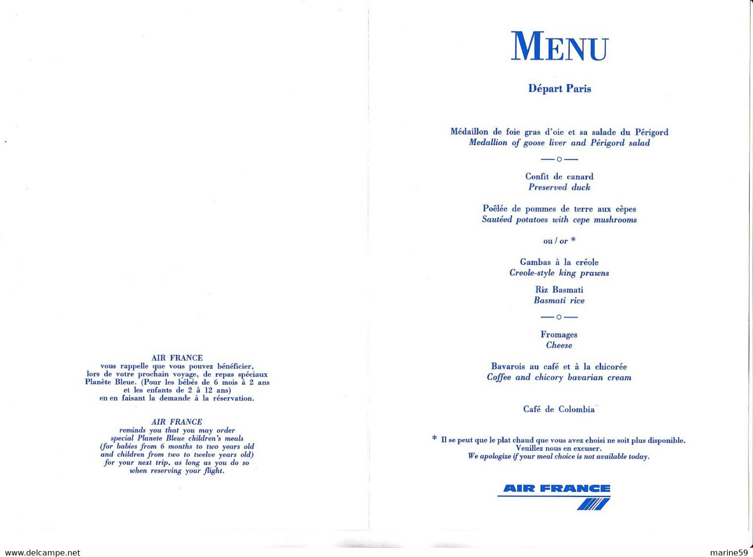 MENU AIR FRANCE - PARIS-St DENIS De La RÉUNION - ÉPICES - Menus