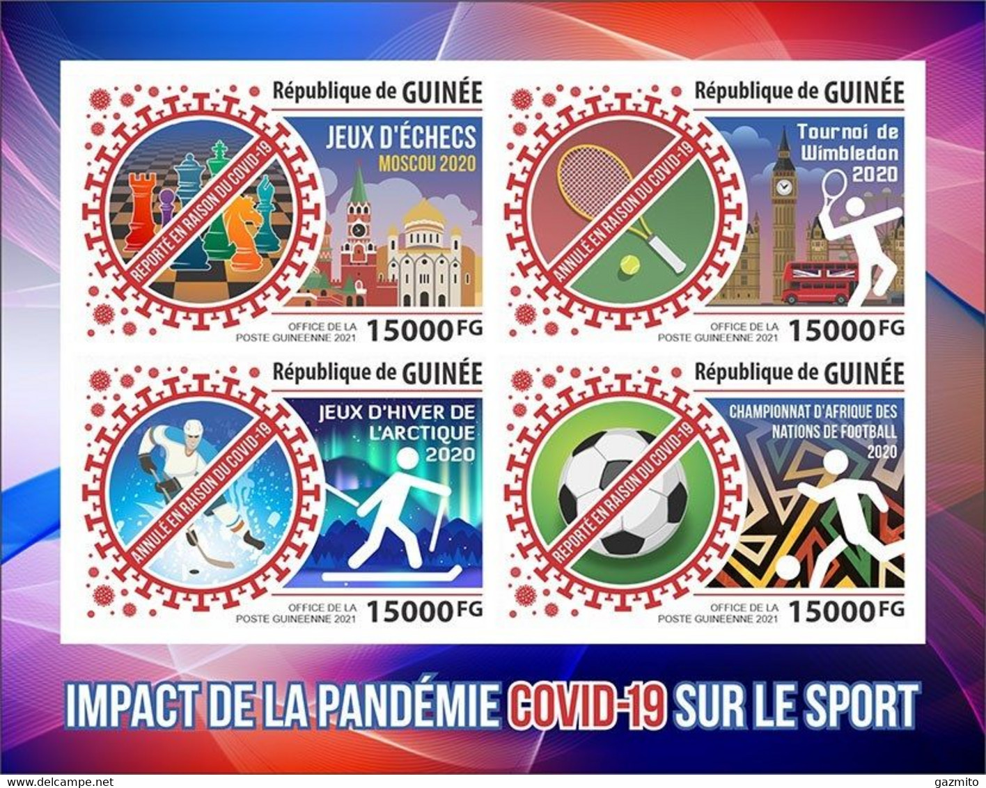 Guinea 2021, Covid, Chess Tennis, Hockey, Football, Bus, 4val In BF IMPERFORATED - Skiing