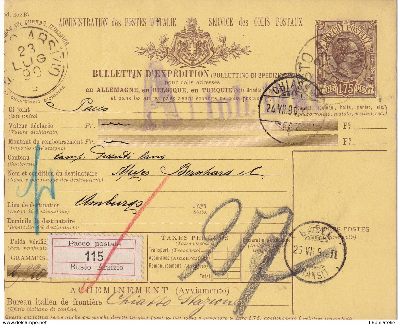 ITALIE 1890 ENTIER POSTAL/GANZSACHE/POSTAL STATIONARY  COLIS POSTAL DE BUSTO ARSIZIO - Postal Parcels