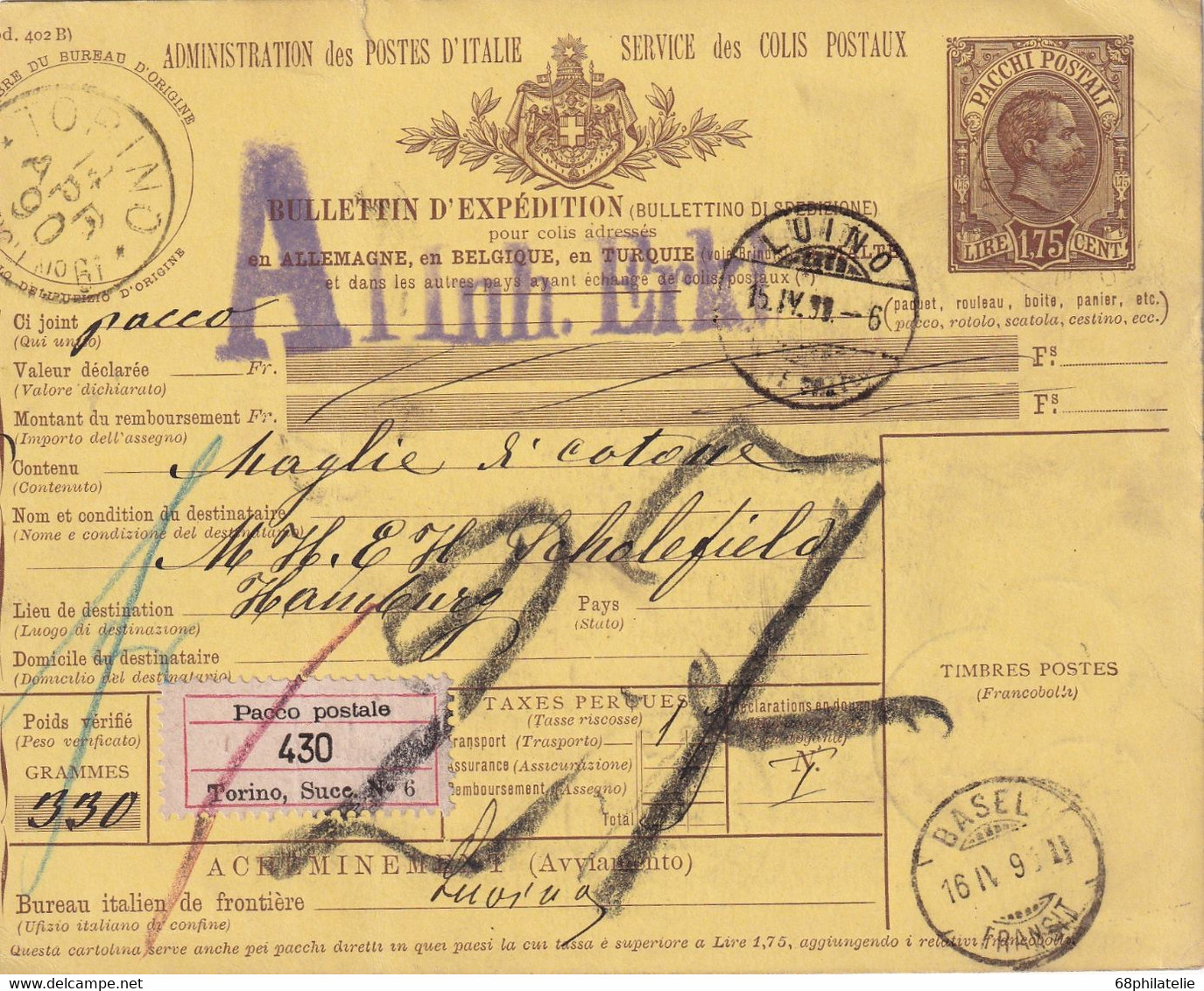 ITALIE 1890 ENTIER POSTAL/GANZSACHE/POSTAL STATIONARY  COLIS POSTAL DE TORINO - Colis-postaux