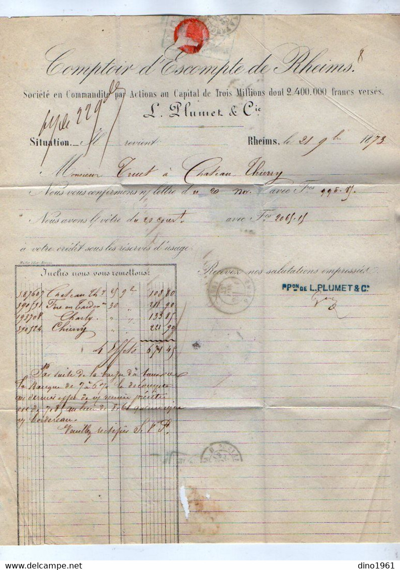 VP18.097 - 1873 - Lettre / Facture - Comptoir D'Escompte L.PLUMET & Cie à REIMS Pour CHÄTEAU THIERRY - Banco & Caja De Ahorros