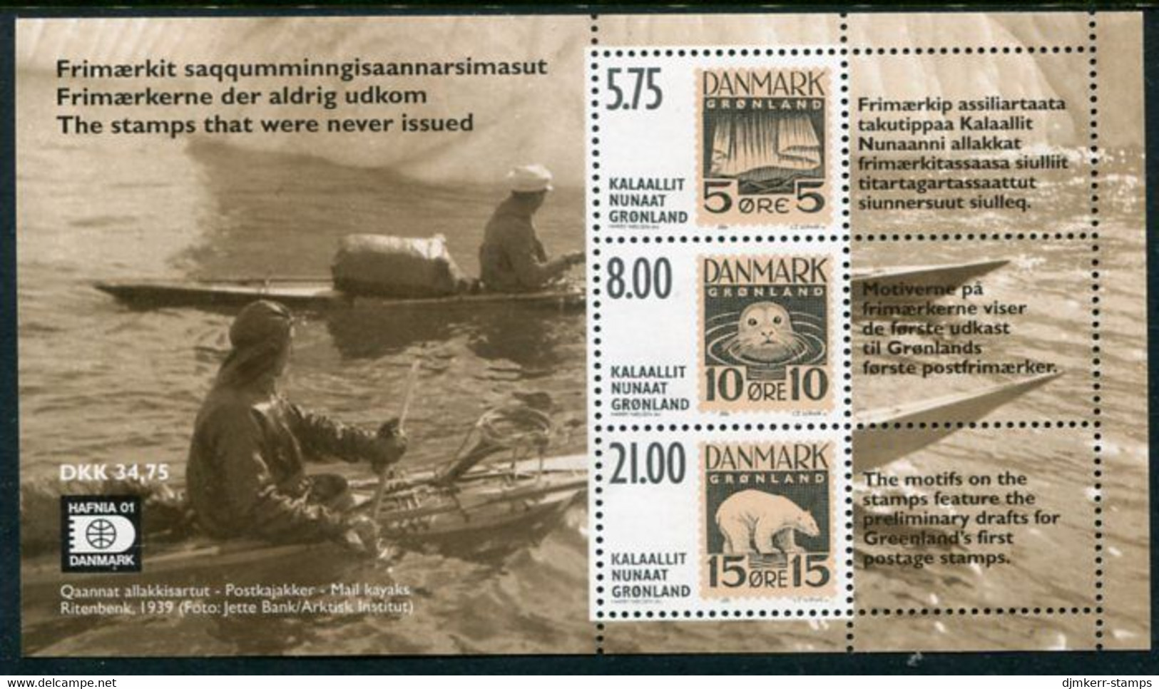 GREENLAND 2001 HAFNIA '01 Stamp Exhibition Block MNH / **.  Michel Block 22 - Blocks & Kleinbögen