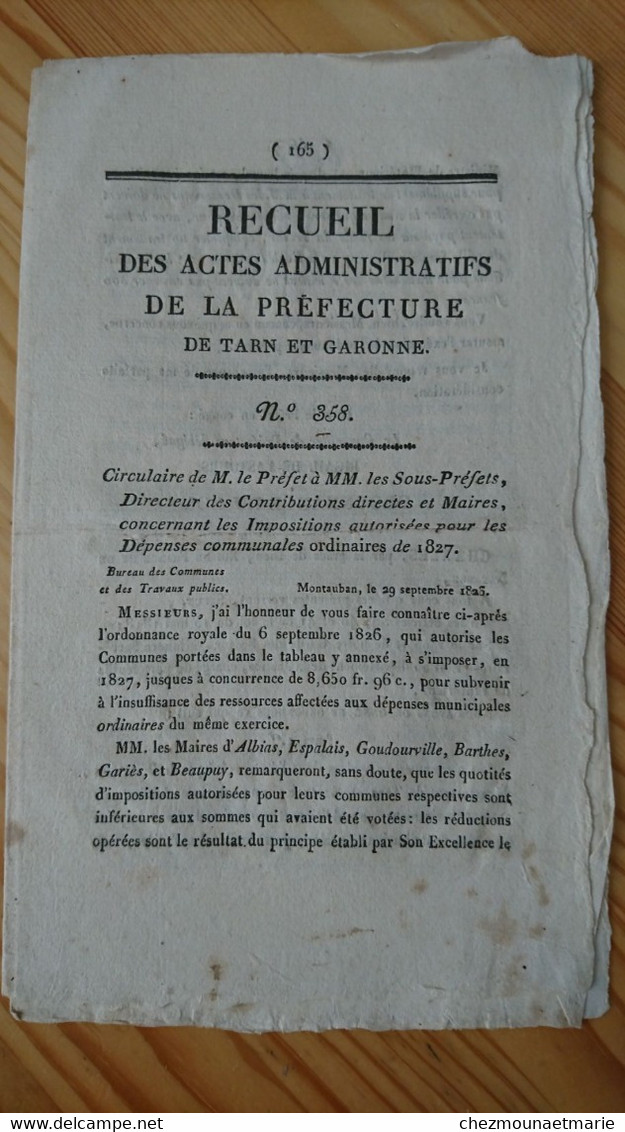 1826 TARN ET GARONNE - RECUEIL N°358 ACTES ADMINISTRATIFS PREFECTURE TARN ET GARONNE - Documents Historiques