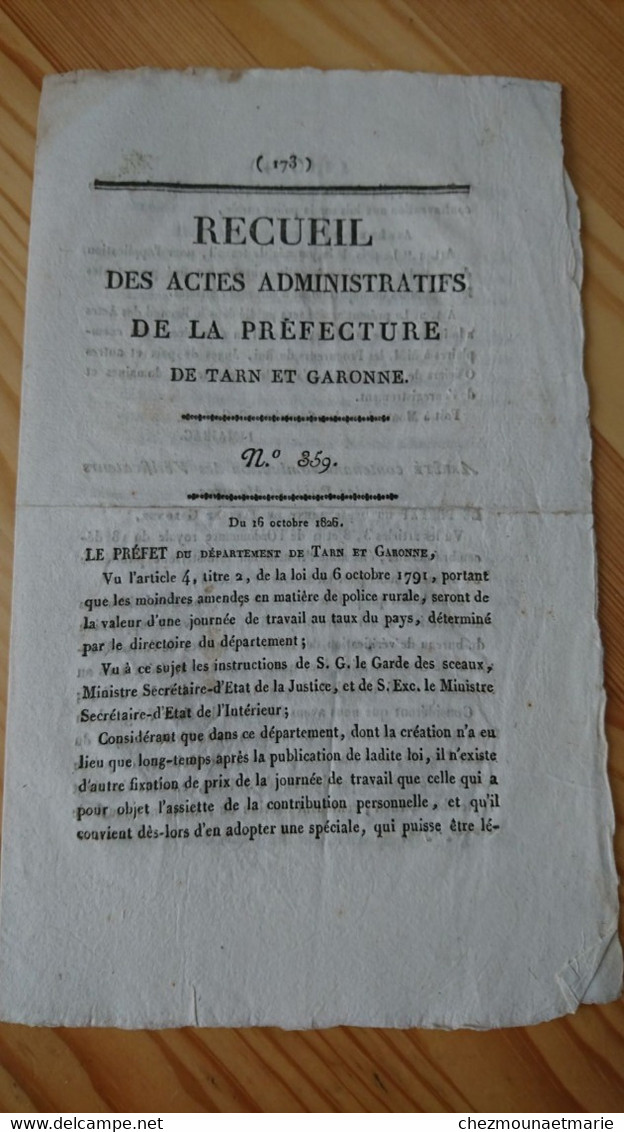 1826 TARN ET GARONNE - RECUEIL N°359 ACTES ADMINISTRATIFS PREFECTURE TARN ET GARONNE - Historische Dokumente