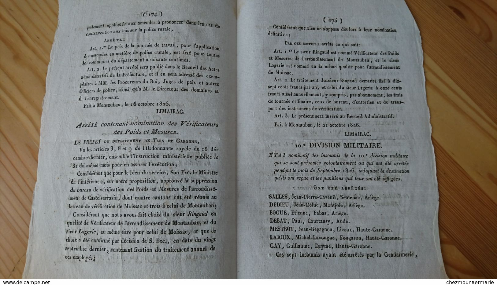 1826 TARN ET GARONNE - RECUEIL N°359 ACTES ADMINISTRATIFS PREFECTURE TARN ET GARONNE - Historische Dokumente