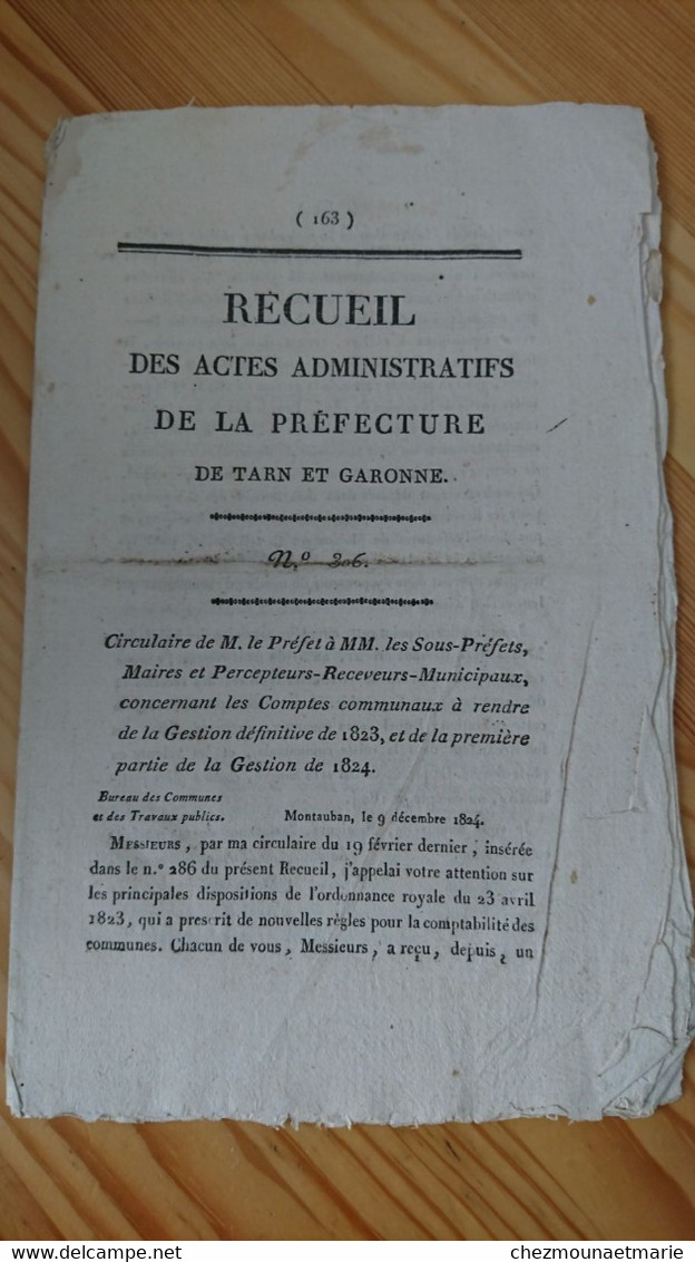 1824 TARN ET GARONNE - RECUEIL N°306 ACTES ADMINISTRATIFS PREFECTURE - Historische Dokumente