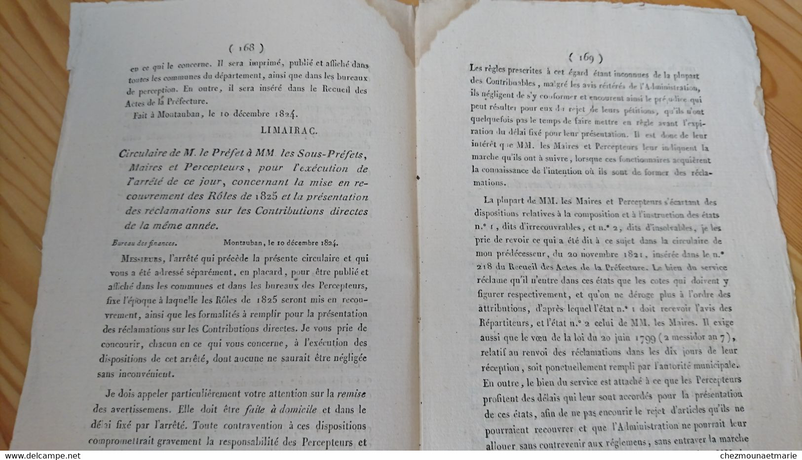 1824 TARN ET GARONNE - RECUEIL N°306 ACTES ADMINISTRATIFS PREFECTURE