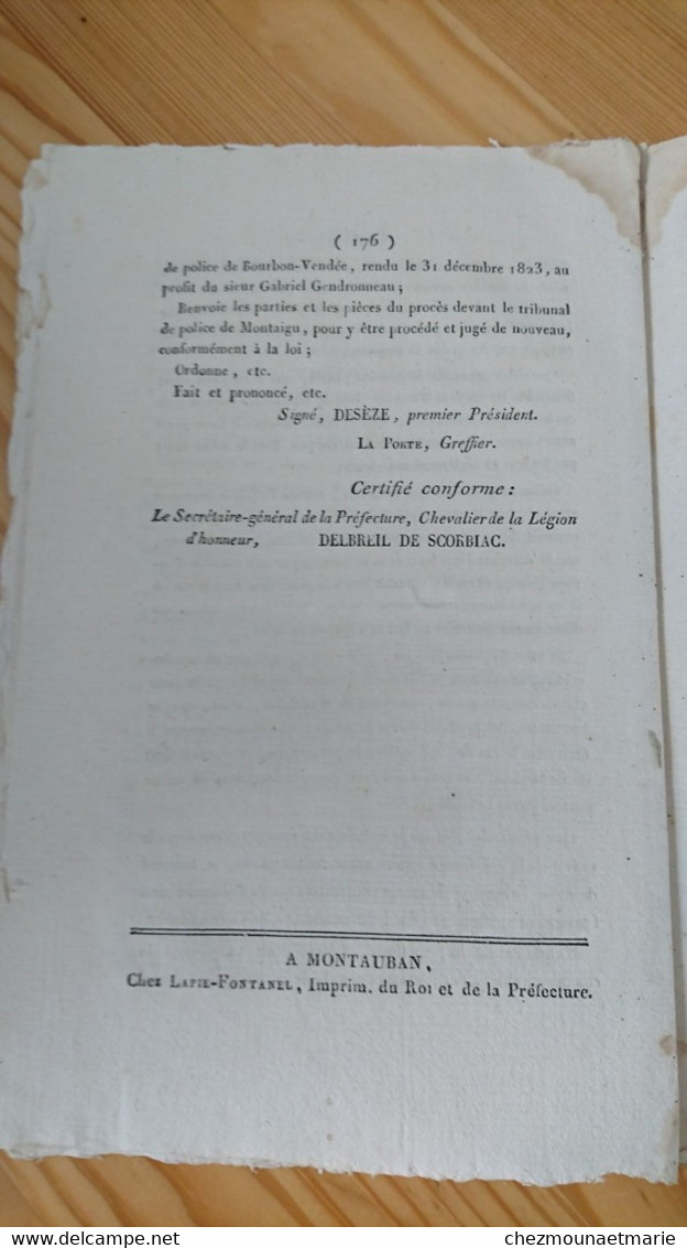 1824 TARN ET GARONNE - RECUEIL N°306 ACTES ADMINISTRATIFS PREFECTURE