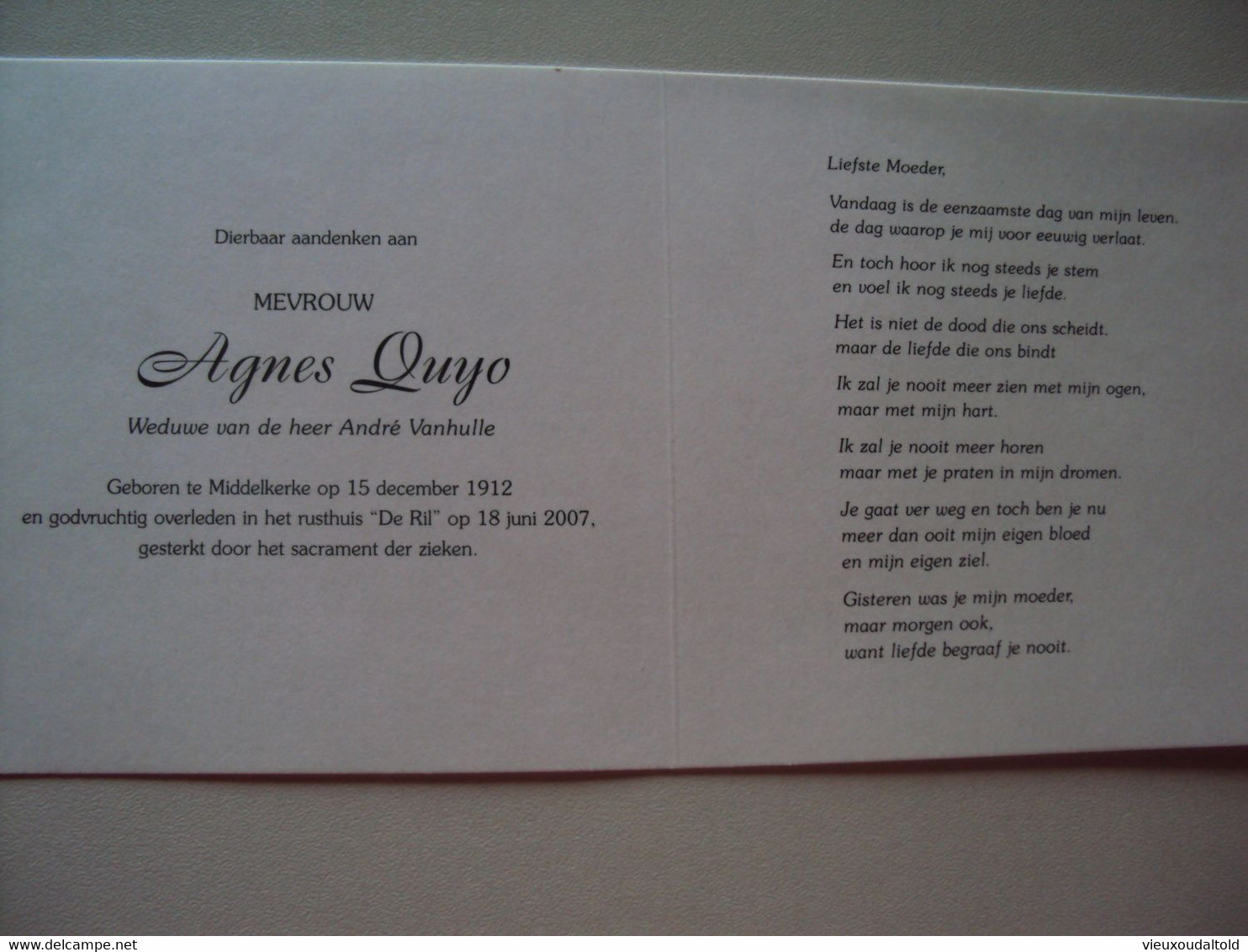 Doodsprentje/Bidprentje    Agnes Ouyo (Wwe André Vanhulle ) Middelkerke 1912 - 2007 - Godsdienst & Esoterisme