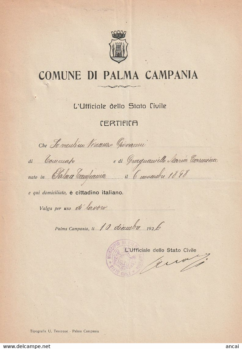 Palma Campania. 1926. Certificato Di Cittadinanza. Bell'araldica - Historical Documents