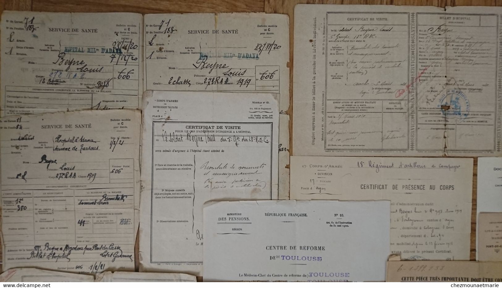 FAMILLE BEYNE LOUIS NE A FOULAYRONNES - DOSSIER MILITAIRE, SERVICE DE SANTE, CERTIFICAT DE VISITE - LOT DE 15 DOCUMENTS - Documents Historiques