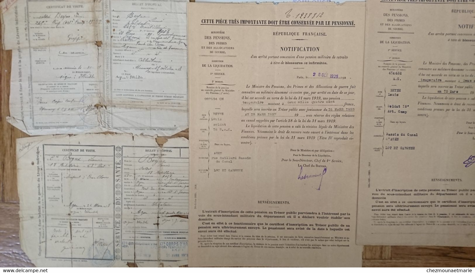 FAMILLE BEYNE LOUIS NE A FOULAYRONNES - DOSSIER MILITAIRE, SERVICE DE SANTE, CERTIFICAT DE VISITE - LOT DE 15 DOCUMENTS - Documents Historiques