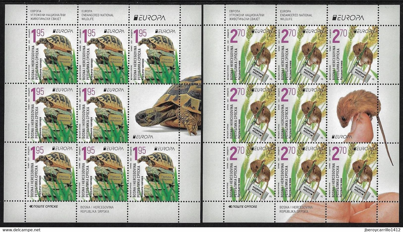 BOSNIA SERBIA /BOSNIA SERBIEN /BOSNIE SERBIE.  -EUROPA 2021 -ENDANGERED NATIONAL WILDLIFE"-TWO SHEETS Of 8 STAMPS +LABEL - 2021