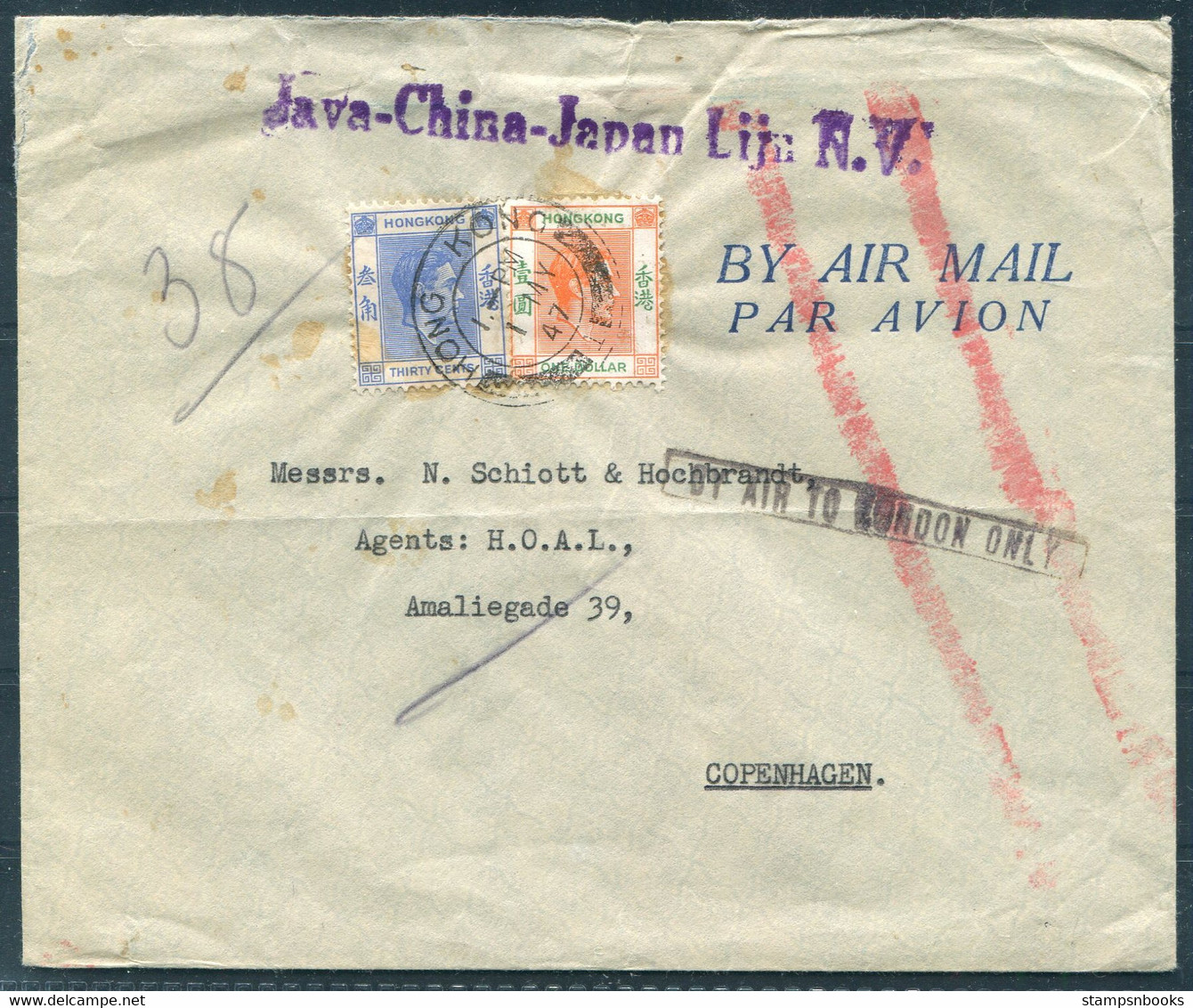 1947 Hong Kong $1.30 Franking Airmail Cover - Denmark "BY AIR TO LONDON ONLY" Java-China-Japan Lijn N.V. Ship - Covers & Documents