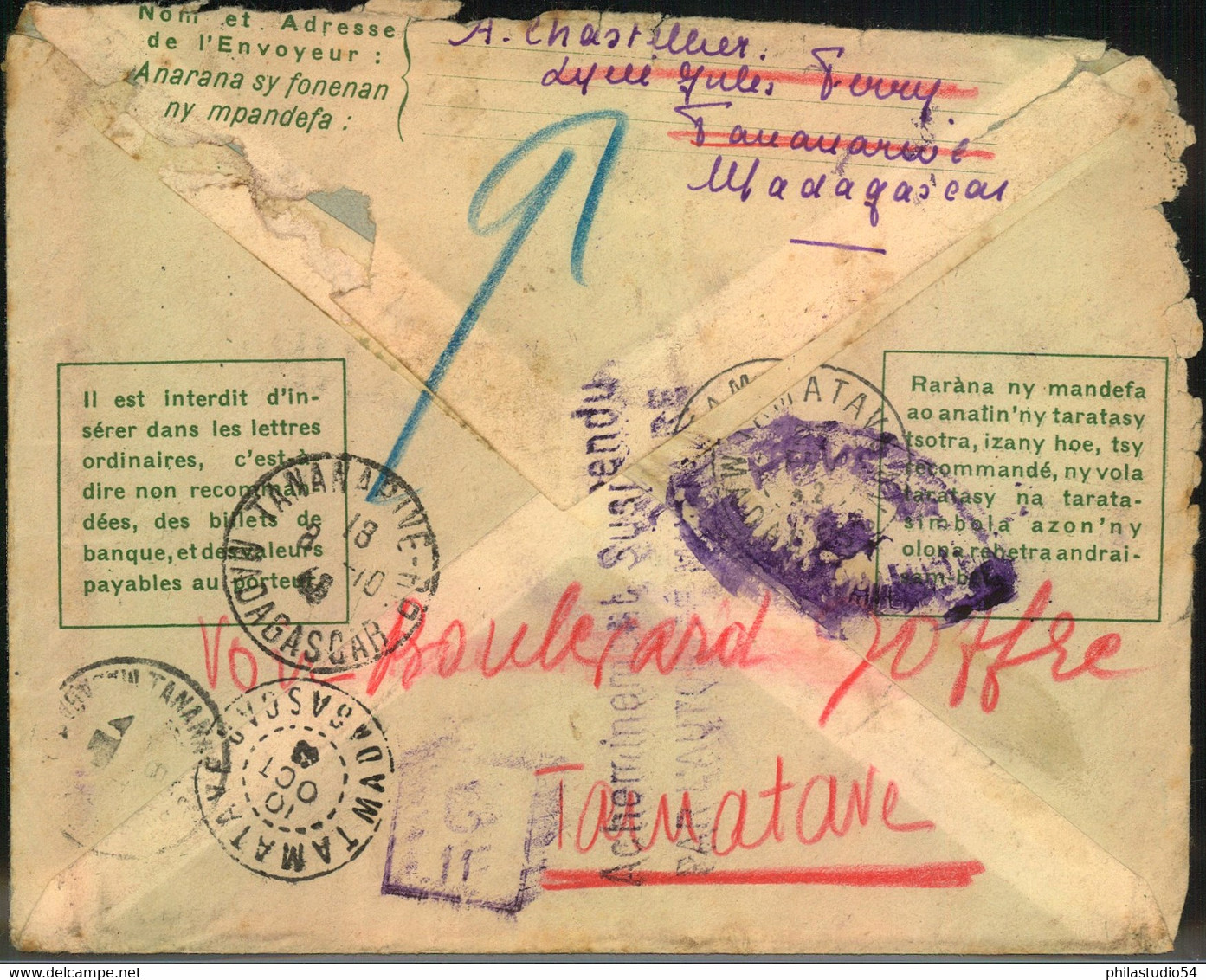 1942,  Stationery From TANANERIVE Addressed To Phnom Penh Helf By French Censor, Routing Suspended And Retour - Otros & Sin Clasificación