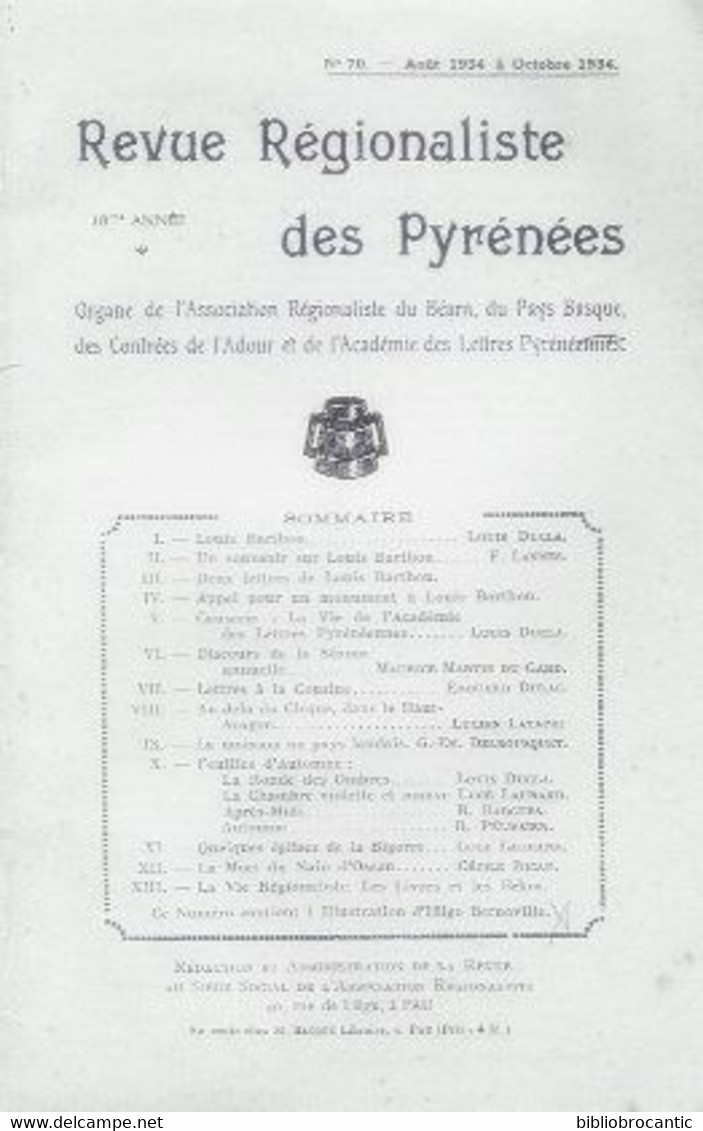 REVUE REGIONALISTE DES PYRENEES(BEARN,PAYS BASQUE,CONTREES DE L'ADOUR)n°70/08/1934 à 10/1934 < LOUIS BARTHOU - Pays Basque