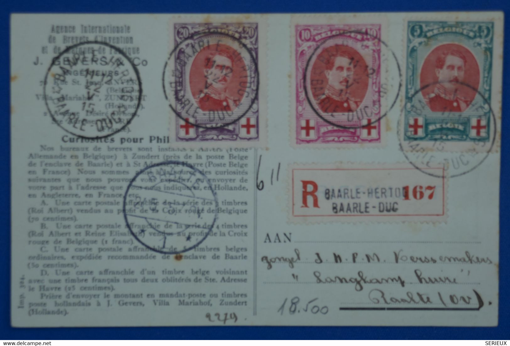 S6 BELGIQUE CROIX ROUGE BELLE CARTE RARE RECOM. 1915 ENCLAVE BELGE BAARLEDUC POUR  RAALTE +T.P N 132-3-4H - 1918 Red Cross