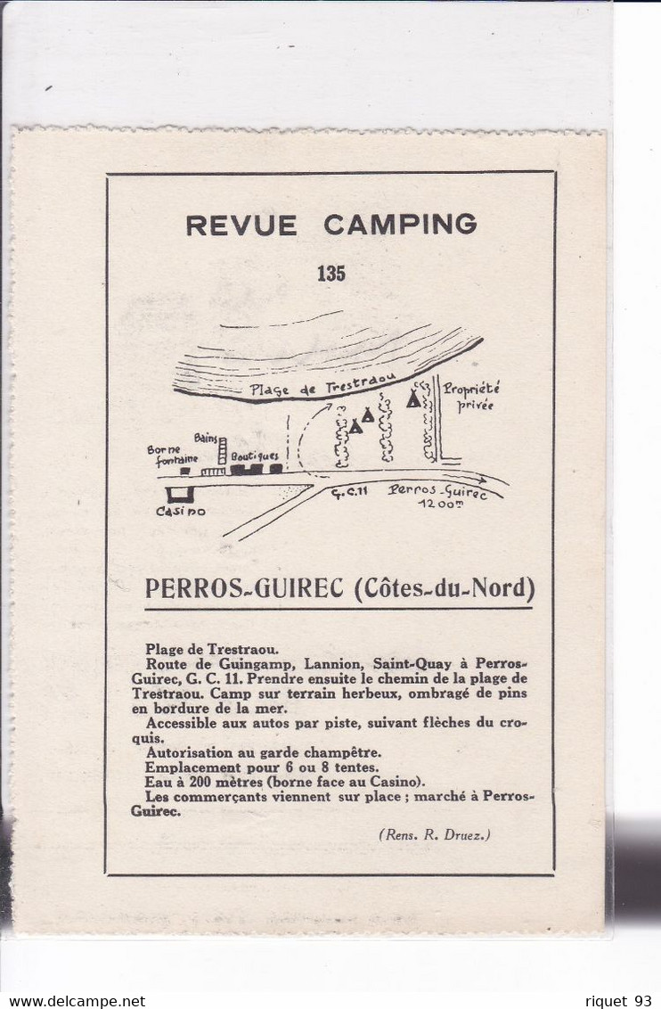 REVUE CAMPING 135 - PERROS-GUIREC (Côtes Du Nord) Plage De Trestraou. Feuillet De Présentation Du Ca (issue D'une Revue) - Sin Clasificación