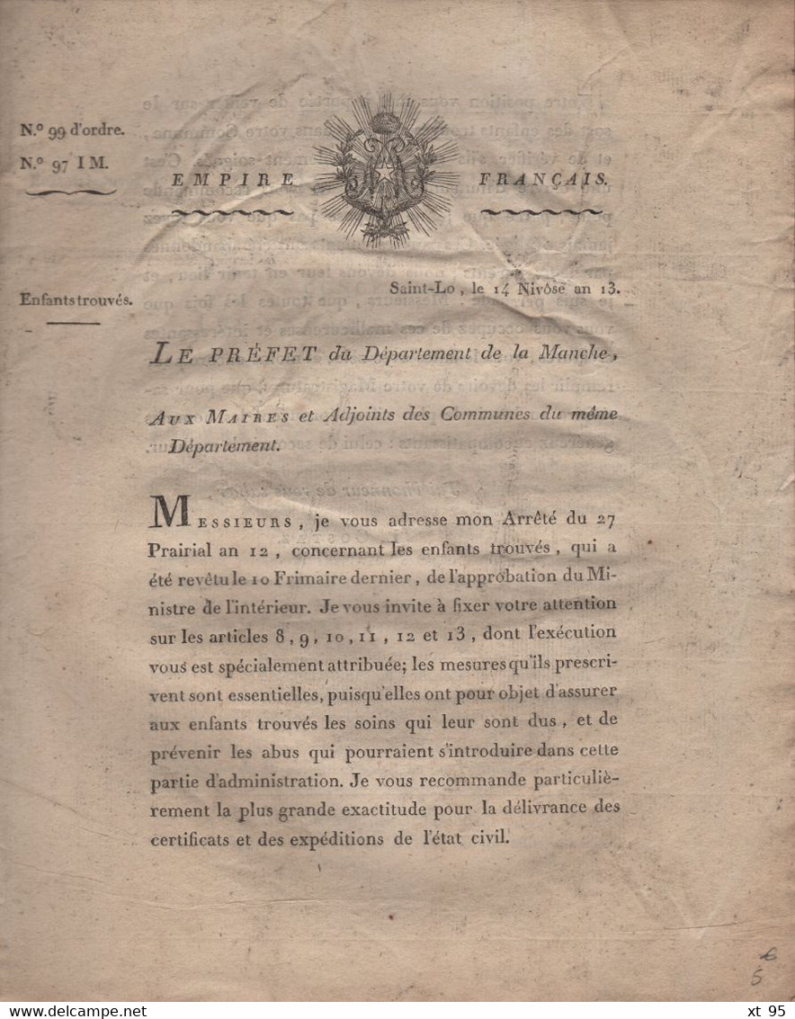 Prefet De La Manche - 14 Nivose An 13 - Enfants Trouves - 8 Pages - Documentos Históricos