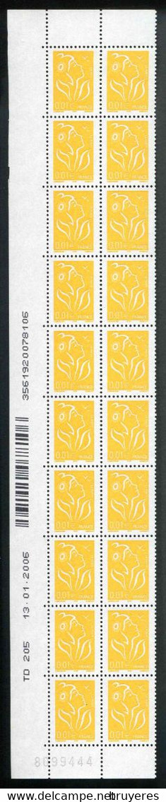 Bloc De 20 Timbres** De 2005 Gommés "0,01 € - Marianne De LAMOUCHE (type I) - ITVF" Avec Date TD.205    13. 11. 2006 - 2000-2009