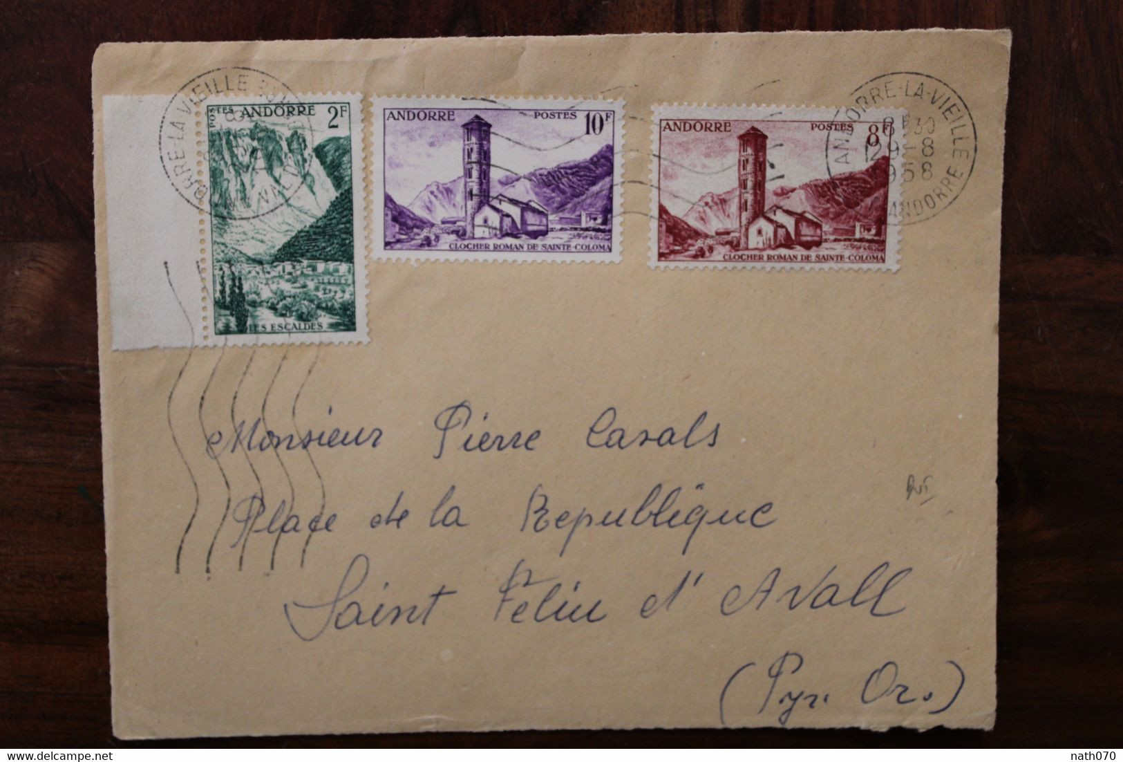 1958 Andorre Front D'enveloppe Cover Les Escaldes Clocher Roman De Ste Coloma - Covers & Documents
